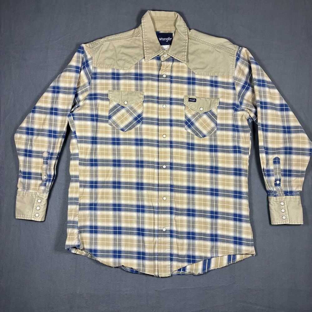 Vintage 90s Wrangler Heavy Canvas Pearl Snap Western Shirt Men’s XL Tan Blue